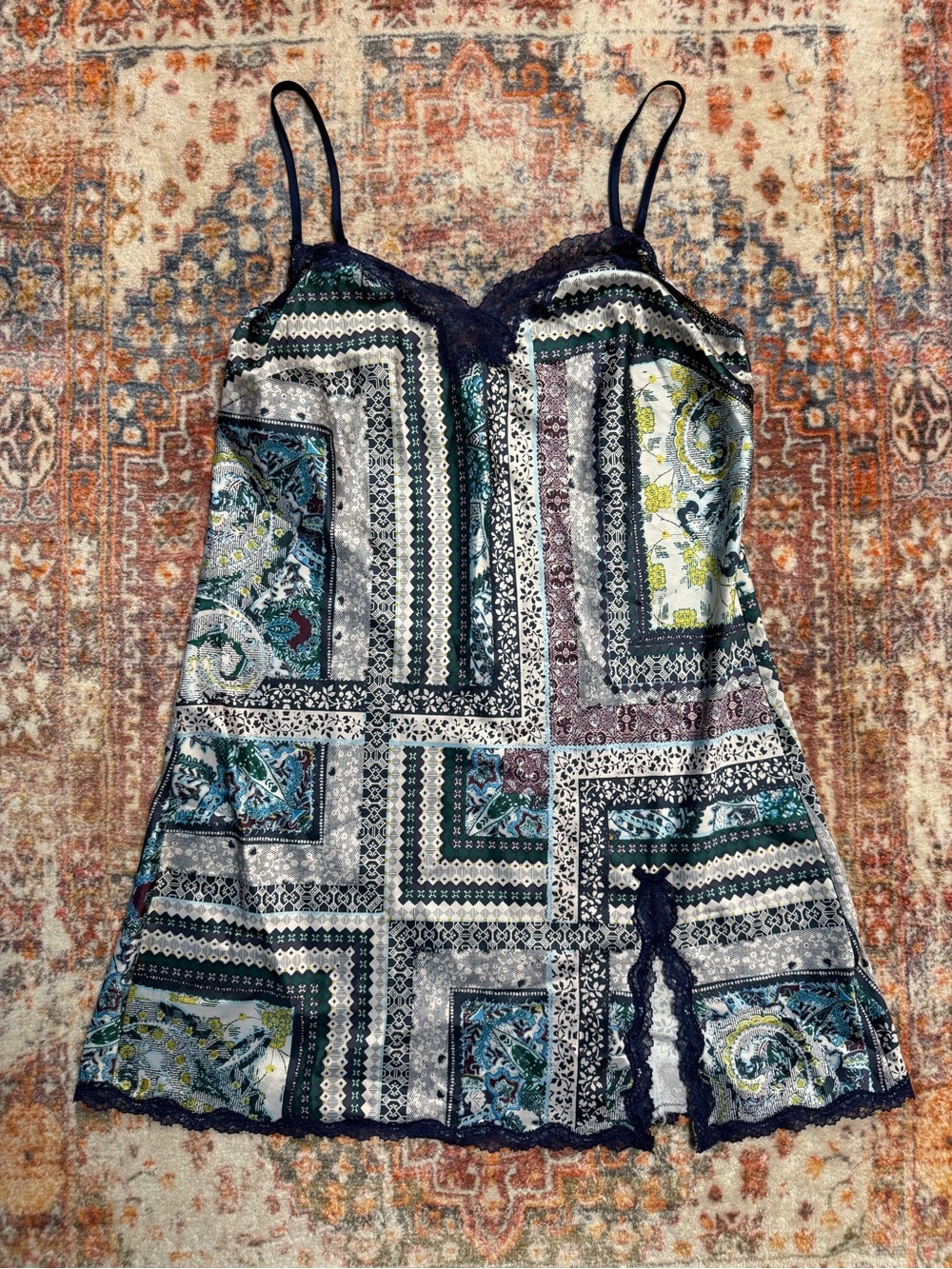 Victoria’s Secret Satin Lace Slip Dress Patchwork Print Size Medium